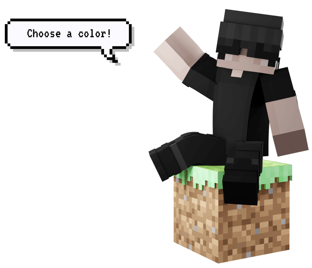 Character sitting on dirt block waving, saying 'Choose a color!'.